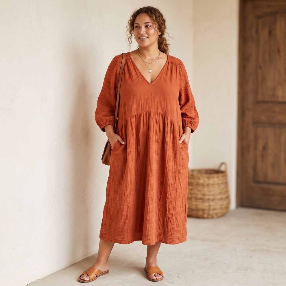 Madewell Womens Lightspun V-Neck Midi Dress Plus Size 4X Orange Gauze Pockets